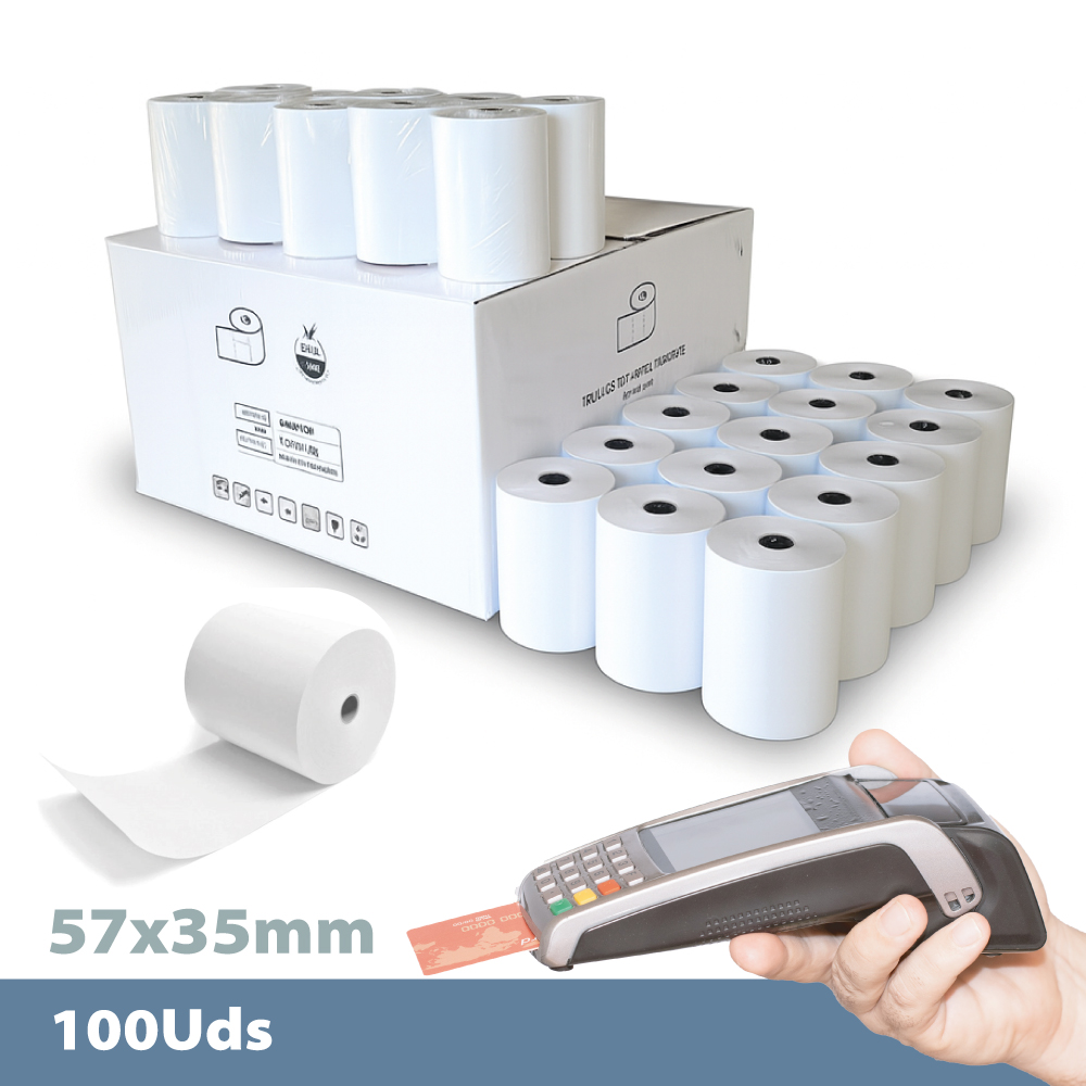 Caja 100 rollos papel térmico 57×35 mm SIN BISFENOL A