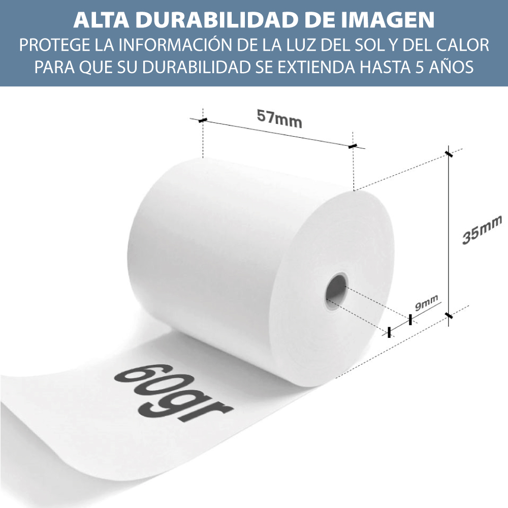 Caja 100 rollos papel térmico 57×35 mm SIN BISFENOL A
