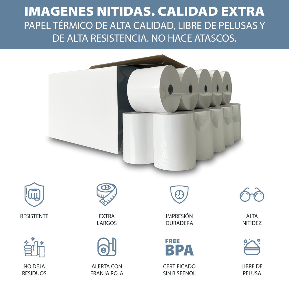 Caja 50 rollos papel térmico SIN BISFENOL 80 x 80 mm 55gr