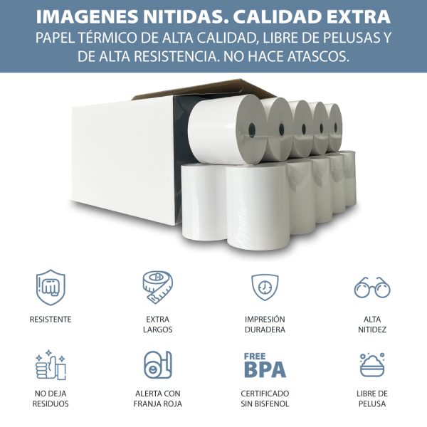 Caja 100 rollos papel térmico 57×35 mm sin Bisfenol A