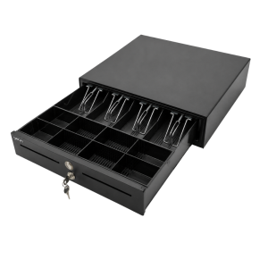 Cajón Portamonedas GEON Manual Negro, 4 compartimentos billetes, 8 compartimentos monedas