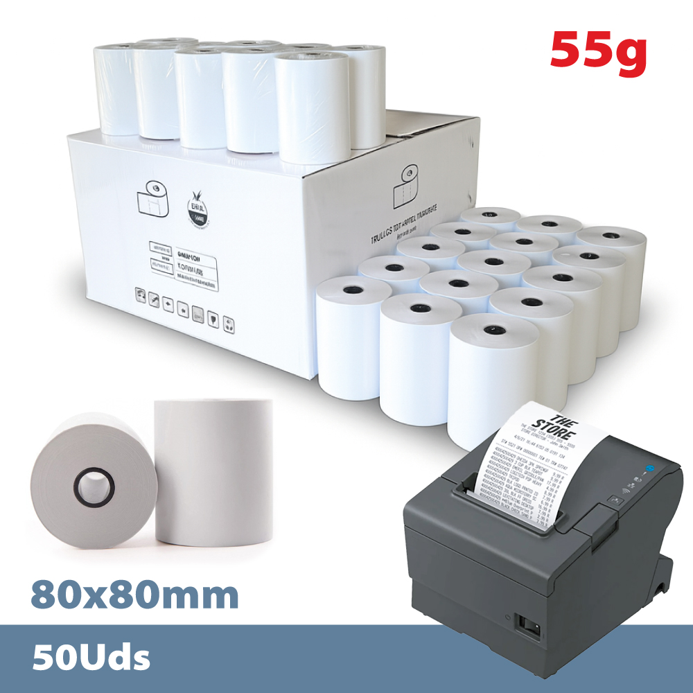 Caja 50 rollos papel térmico SIN BISFENOL 80 x 80 mm 55gr