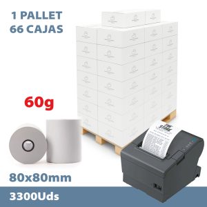 Pallet 66 cajas (3300 rollos) papel térmico SIN BISFENOL 80 x 80 mm 60gr. (SIN GASTOS DE ENVÍO)