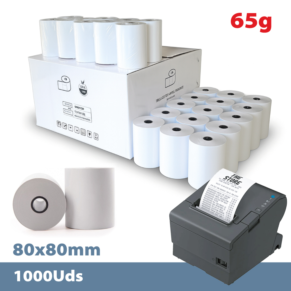 Caja 1000 rollos papel térmico 80 x 80 mm 60 g sin bisfenol