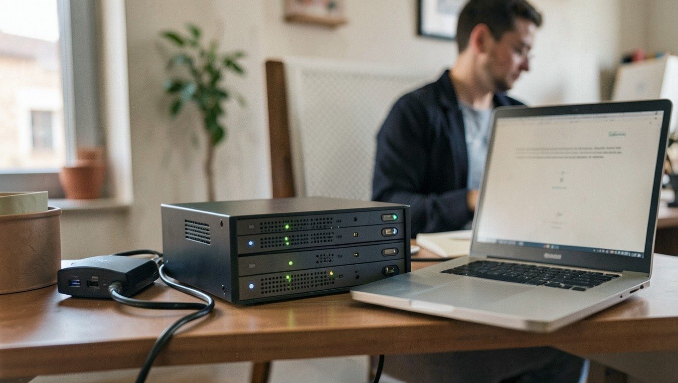 Backup y recuperación de datos: NAS con discos y portátil en una oficina
