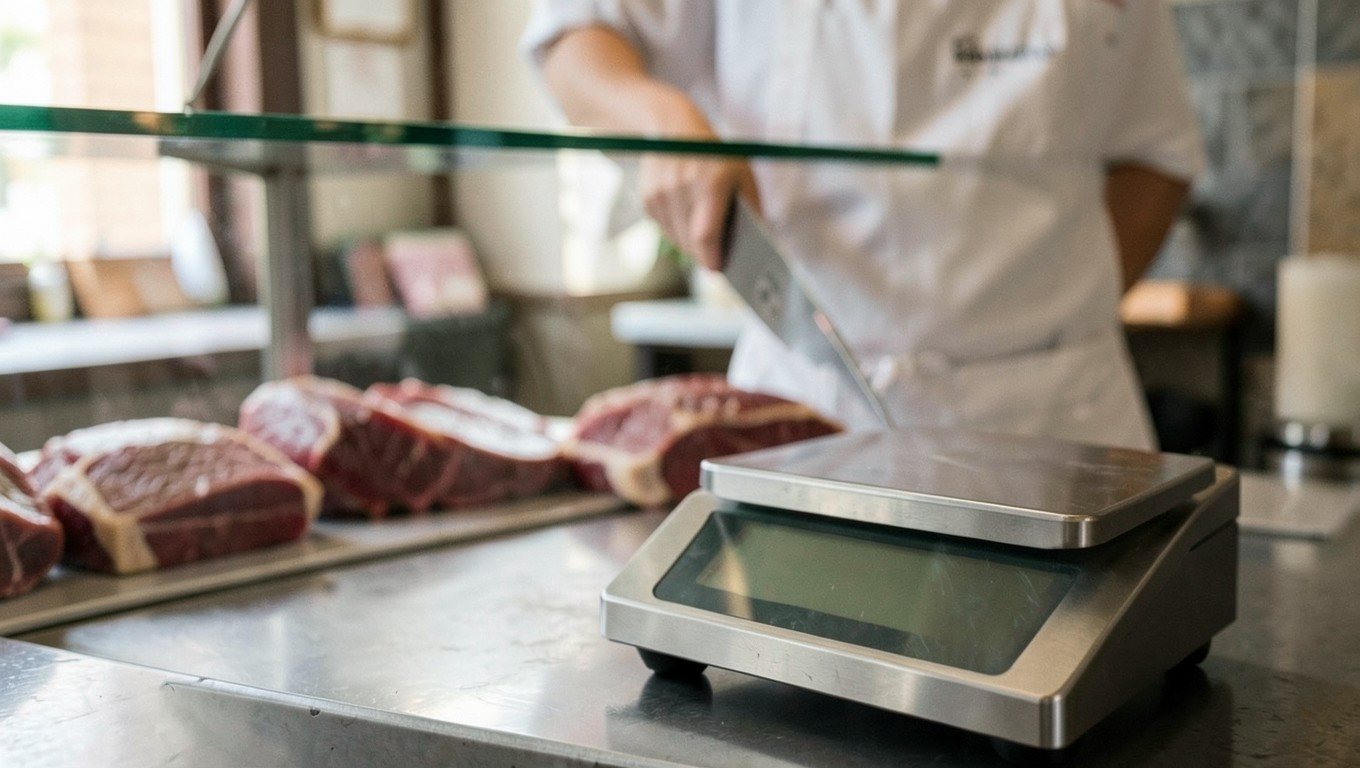 Balanzas para carnicería: balanza de acero en el mostrador junto al expositor de carne