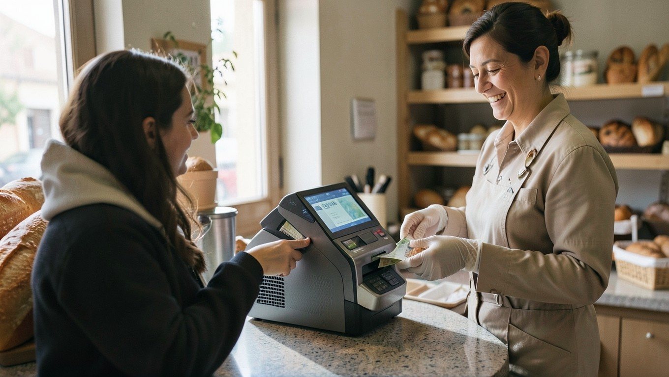 Cajón inteligente: clienta introduciendo billetes en un reciclador de efectivo junto al TPV de una panadería