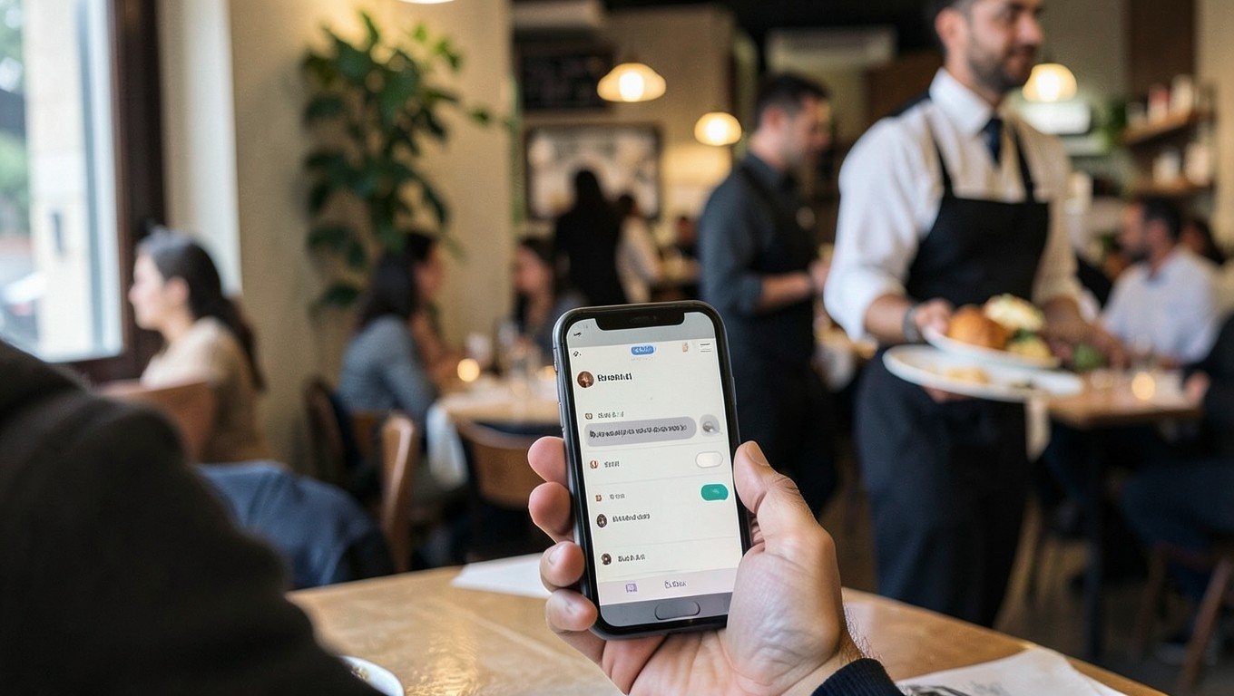 Chatbot con IA: cliente reservando mesa por el móvil mientras el camarero atiende la barra de un restaurante