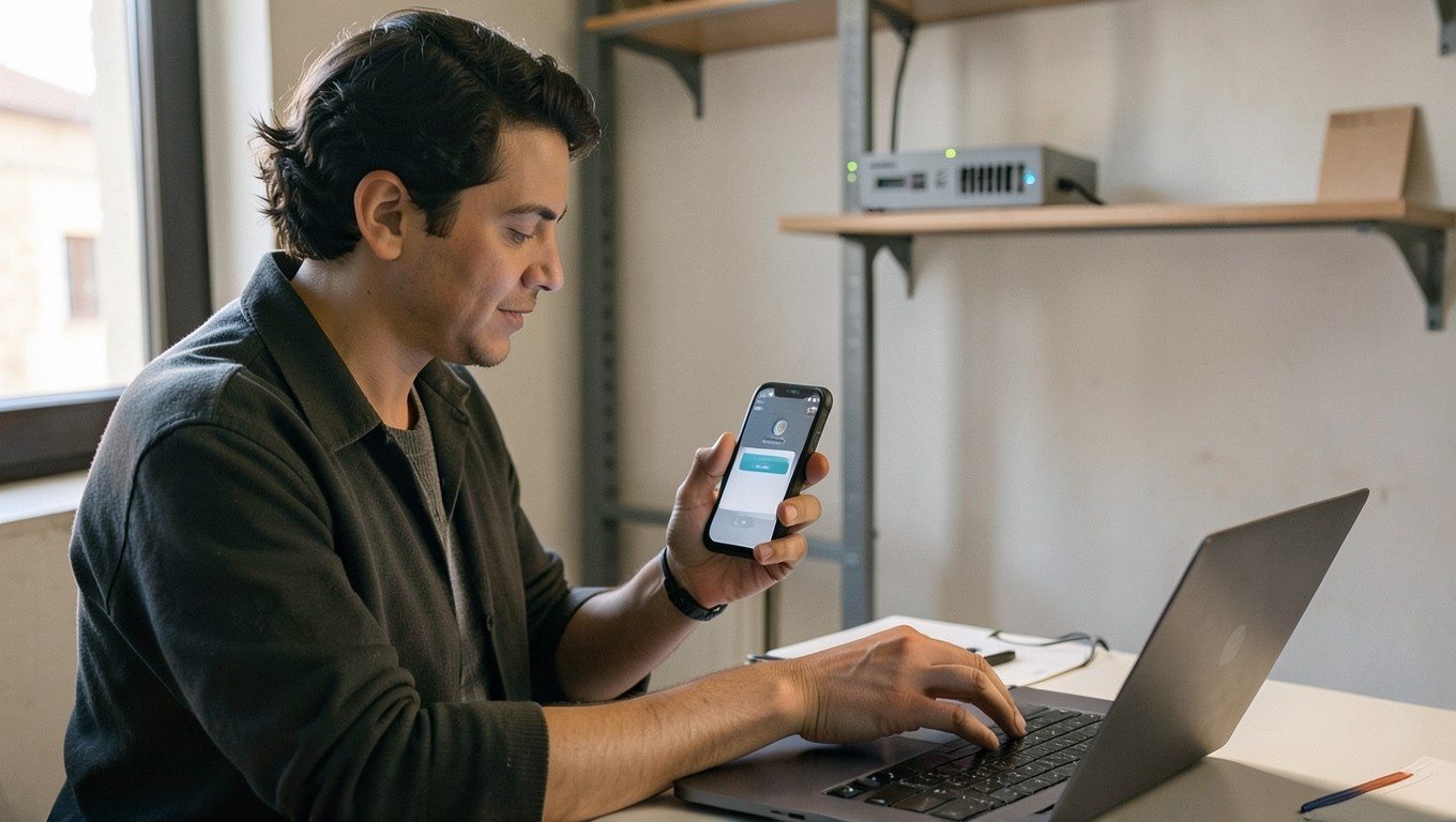 Ciberseguridad para pymes: empleado aprobando un inicio de sesión con doble factor en el móvil, con el router de la oficina detrás