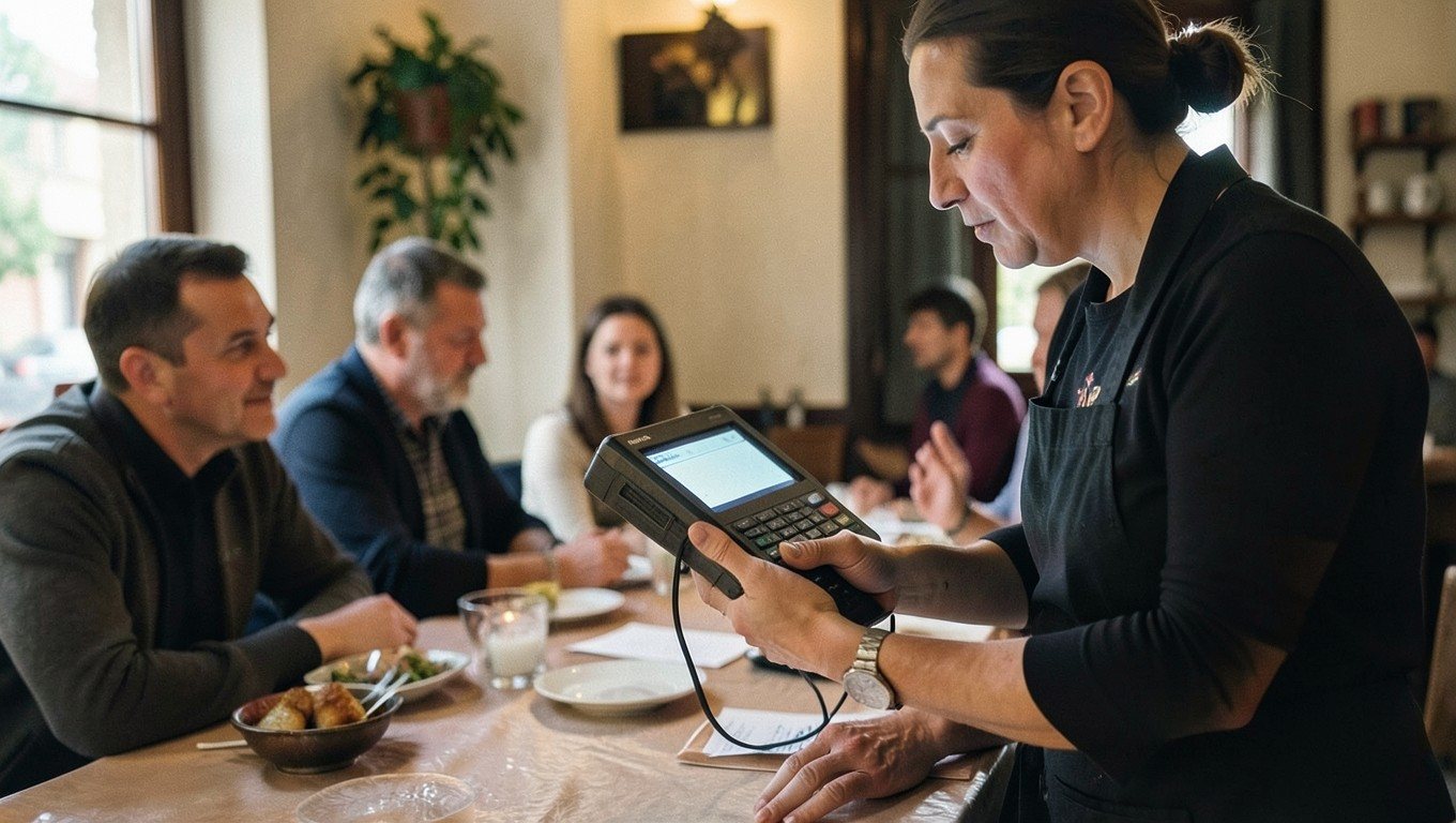 Comandero para camareros: una camarera toma nota en la mesa con una PDA