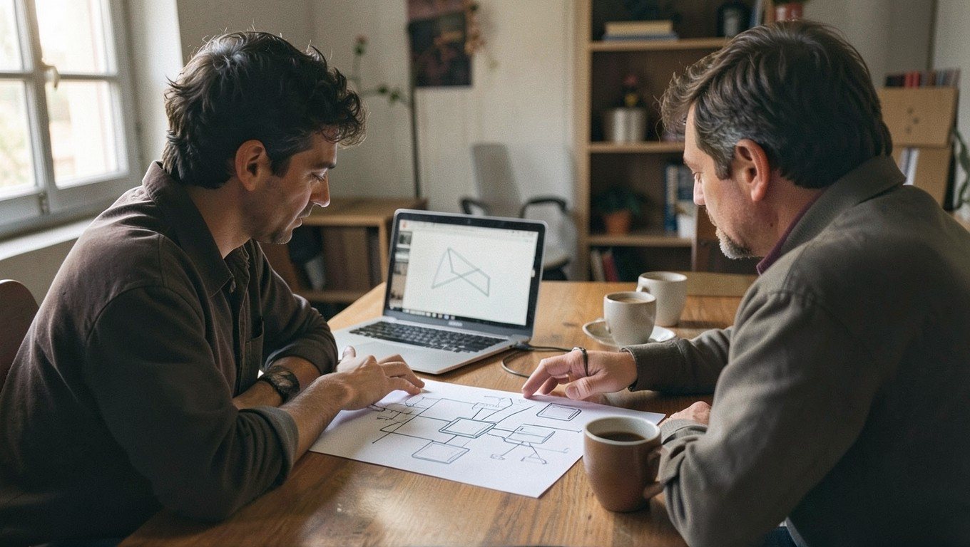 Consultoría informática: reunión con un esquema de equipos y conexiones sobre la mesa