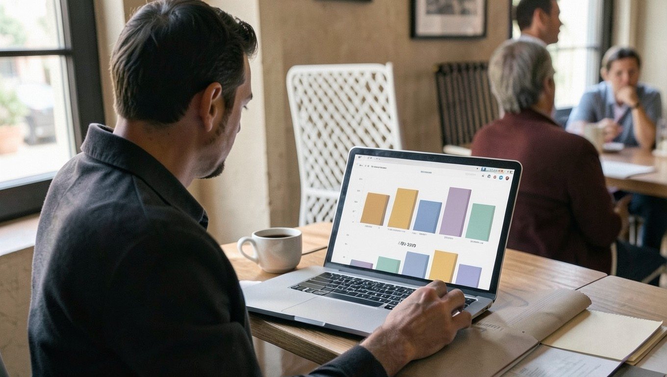 Cuadro de mando con gráficos de barras en el portátil del responsable de un grupo de restaurantes