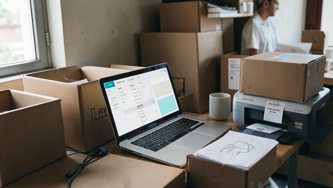 E-commerce: trastienda preparando pedidos online con el portátil y la impresora de etiquetas