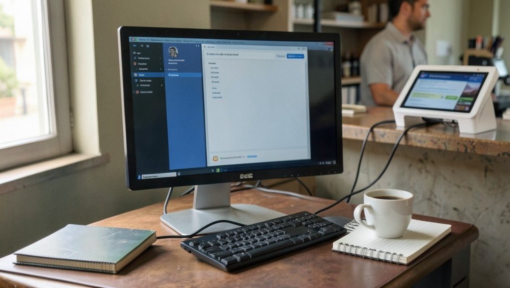 Fin de soporte de Windows 10: técnico revisando el ordenador de la oficina y el TPV de un comercio