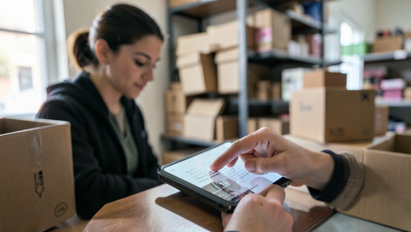 Firma digital de un documento en una tableta en la trastienda de un comercio