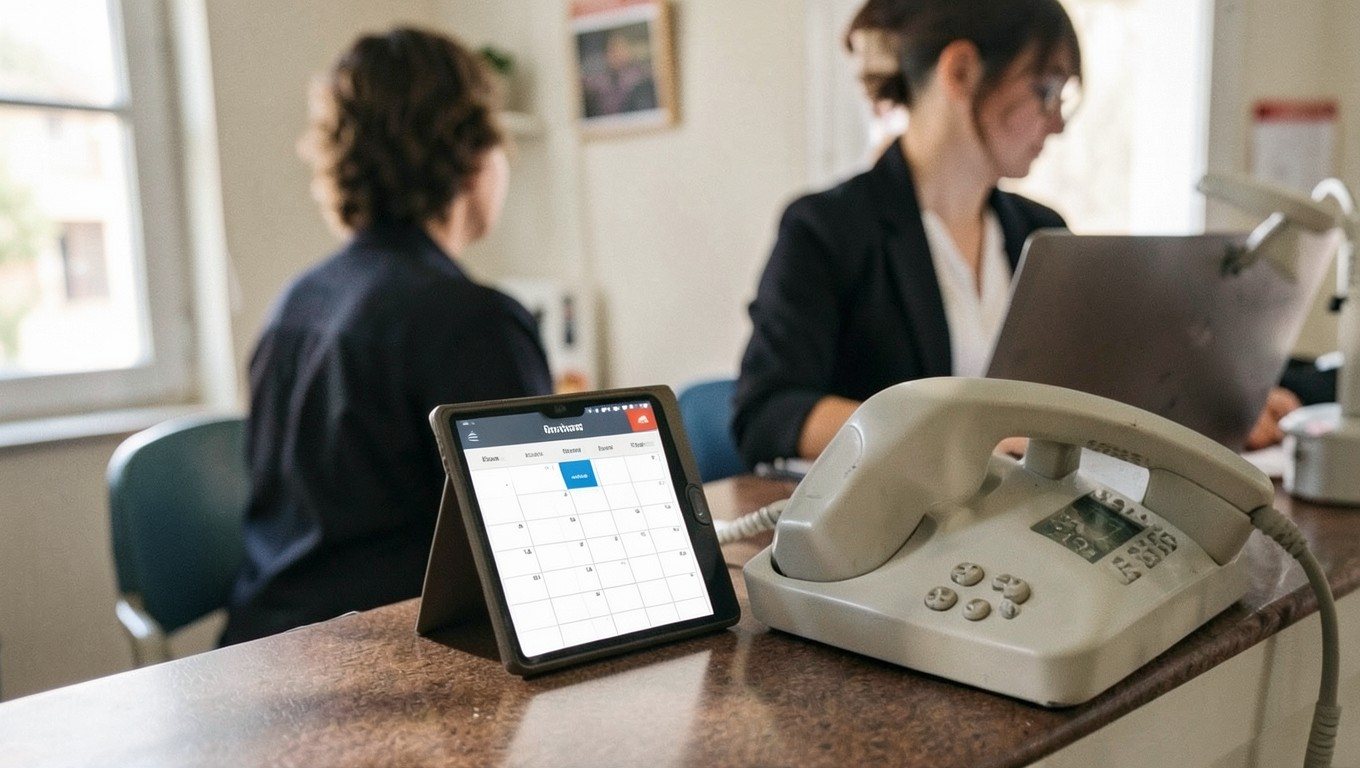 Recepcionista de IA: recepción de una clínica con el teléfono sonando y la agenda en el móvil