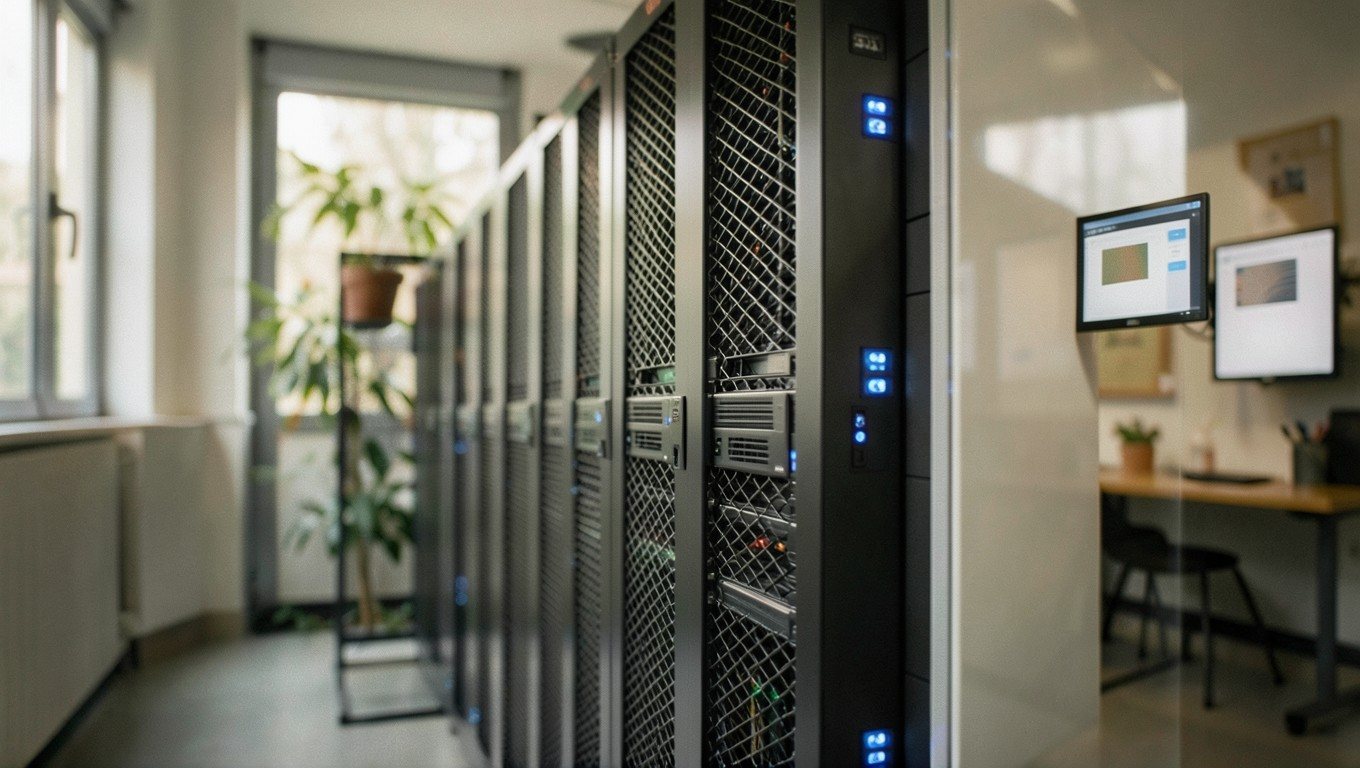 Hosting WordPress: pasillo de servidores en un centro de datos