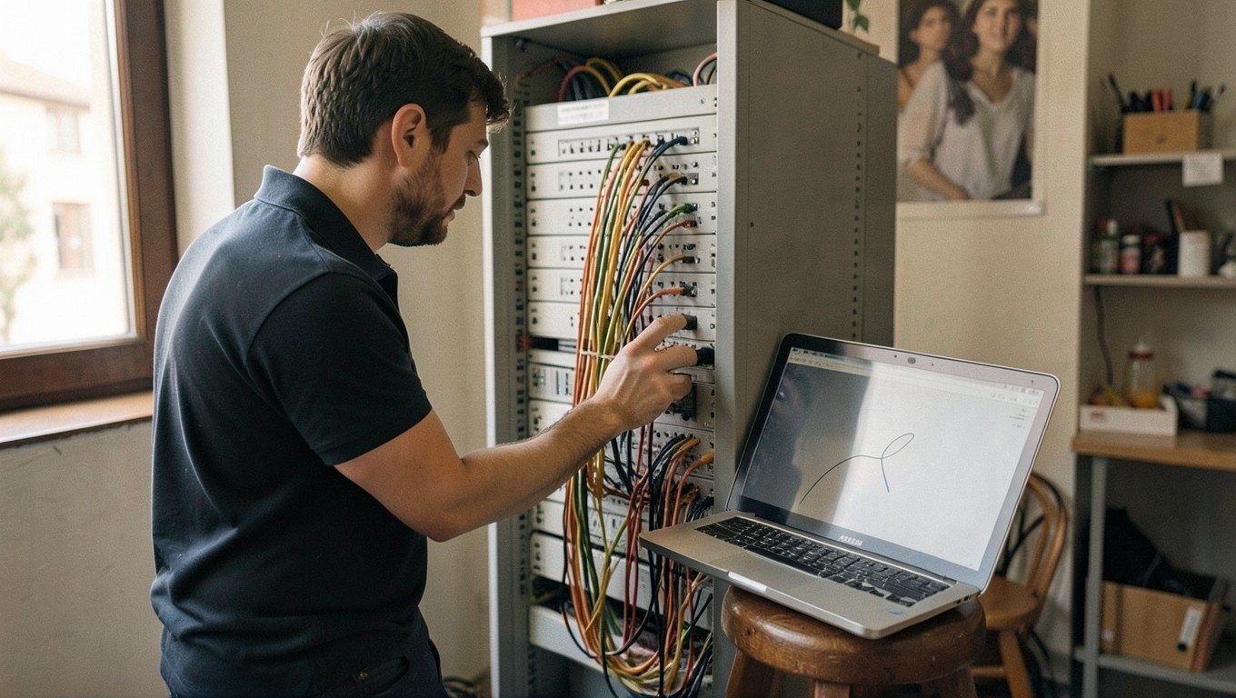 Infraestructura y soporte: técnico revisando un armario de red en la trastienda