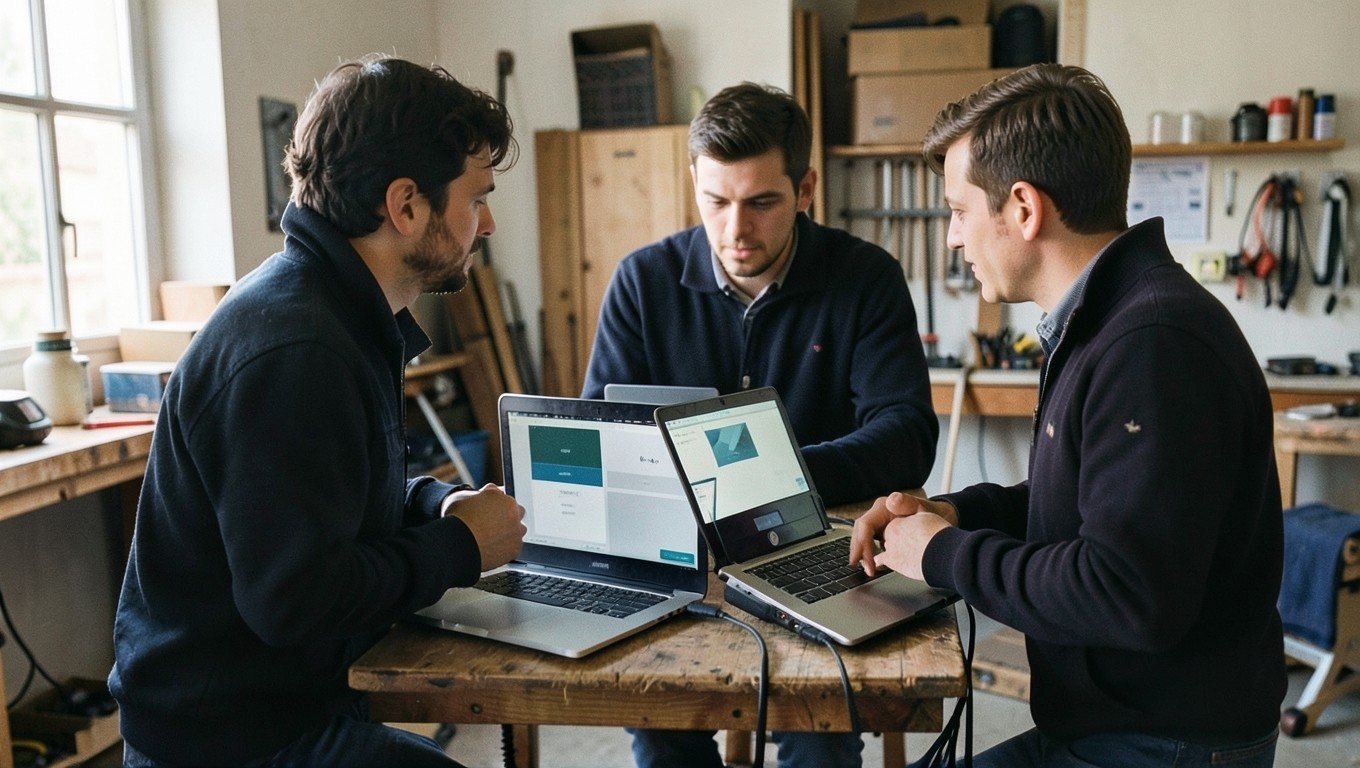 Consultor IT: equipo de técnicos preparando portátiles y TPV en el taller