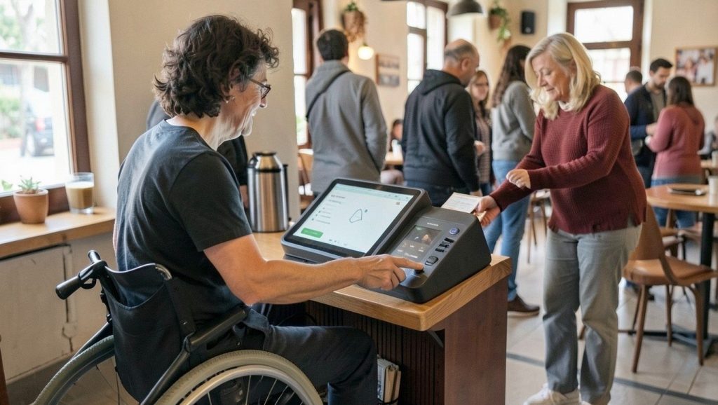 Ley de accesibilidad: cliente en silla de ruedas pidiendo en un quiosco de autoservicio a su altura