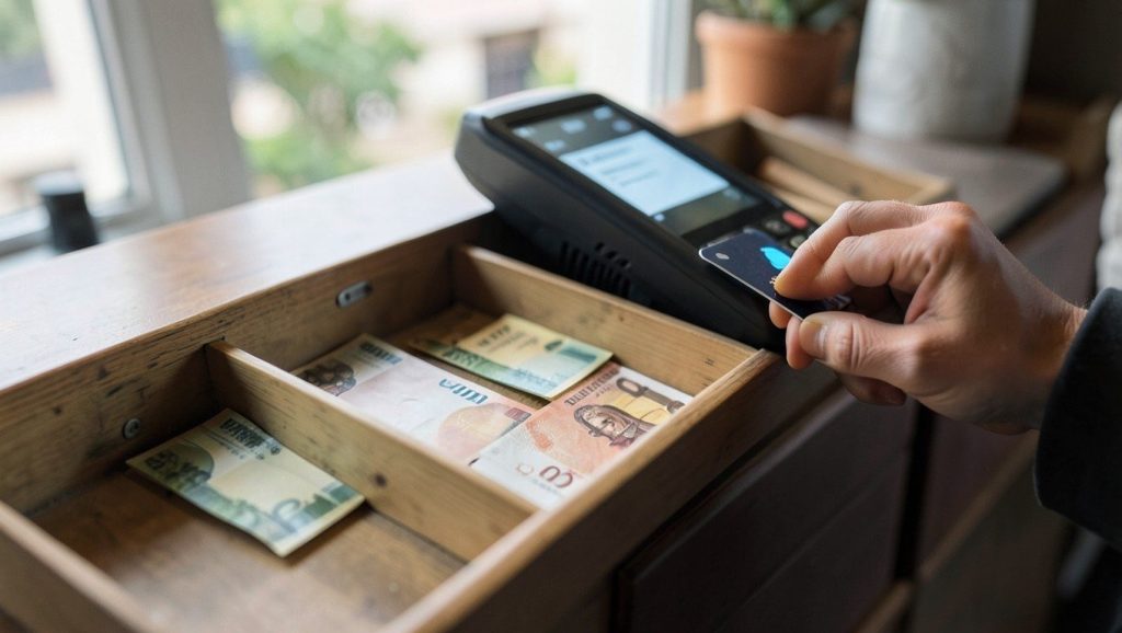 Límite de pago en efectivo: cajón con billetes de euro y pago con tarjeta contactless en el datáfono
