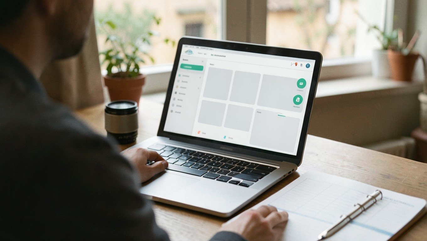 Mantenimiento web: panel de administración con avisos de actualización en un portátil