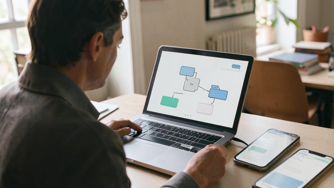 Automatización de procesos con IA: portátil con un diagrama de flujo y el móvil con mensajes