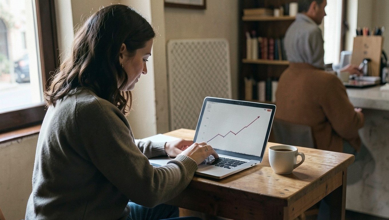 Posicionamiento SEO: dueña de una tienda revisando en el portátil cómo suben las visitas de su web