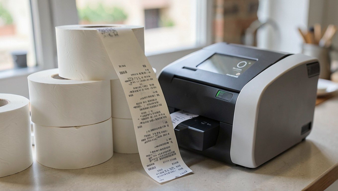 Papel térmico sin bisfenol: rollos junto a una impresora de tickets imprimiendo un ticket