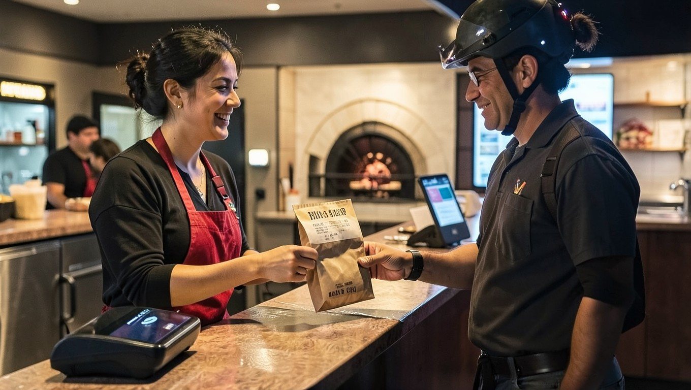 Pedidos a domicilio: repartidor recogiendo una bolsa con su ticket en el mostrador de una pizzería junto al TPV