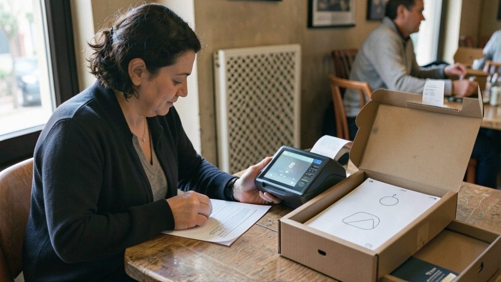 Precio de un TPV: dueña de una cafetería revisando un presupuesto junto a un TPV recién desembalado