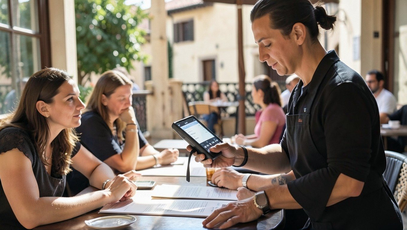 Comandero electrónico: camarero tomando nota en una terraza con una PDA Android en la mano