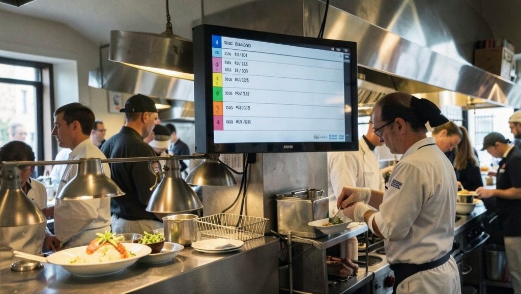 Pantalla de cocina KDS colgada en la línea de una cocina profesional con comandas en columnas de colores