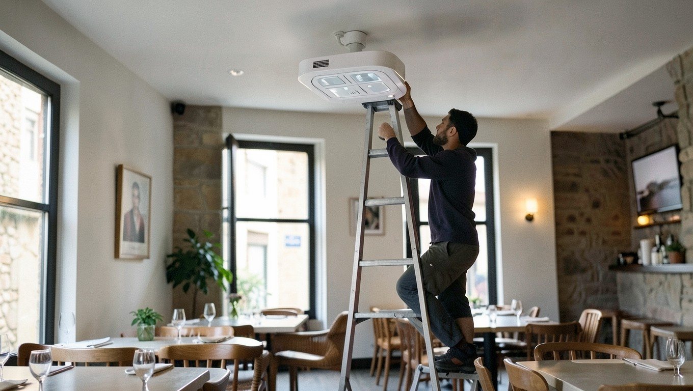 Redes y conectividad: técnico ajustando un punto de acceso wifi en el techo de un restaurante