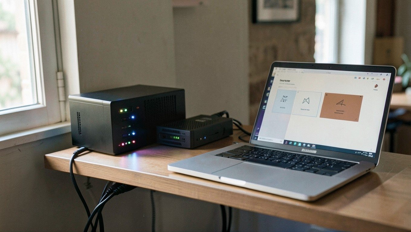 Regla 3-2-1: NAS y disco externo junto a un portátil haciendo copias de seguridad en una oficina