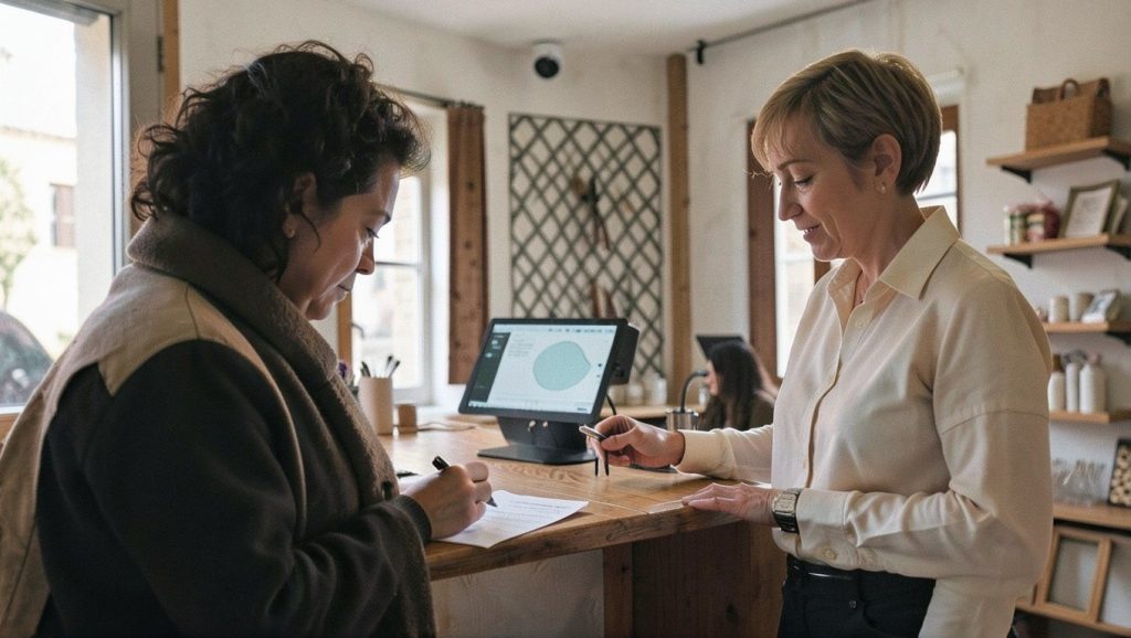 RGPD en el comercio: clienta firmando un formulario de consentimiento en el mostrador con una cámara de seguridad en el techo