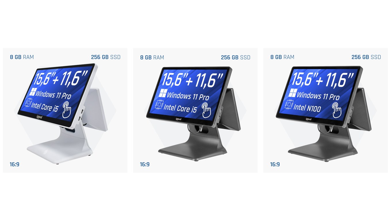 TPV doble pantalla iggual con pantalla de 15,6″ para el vendedor y de 11,6″ para el cliente, en blanco y en negro