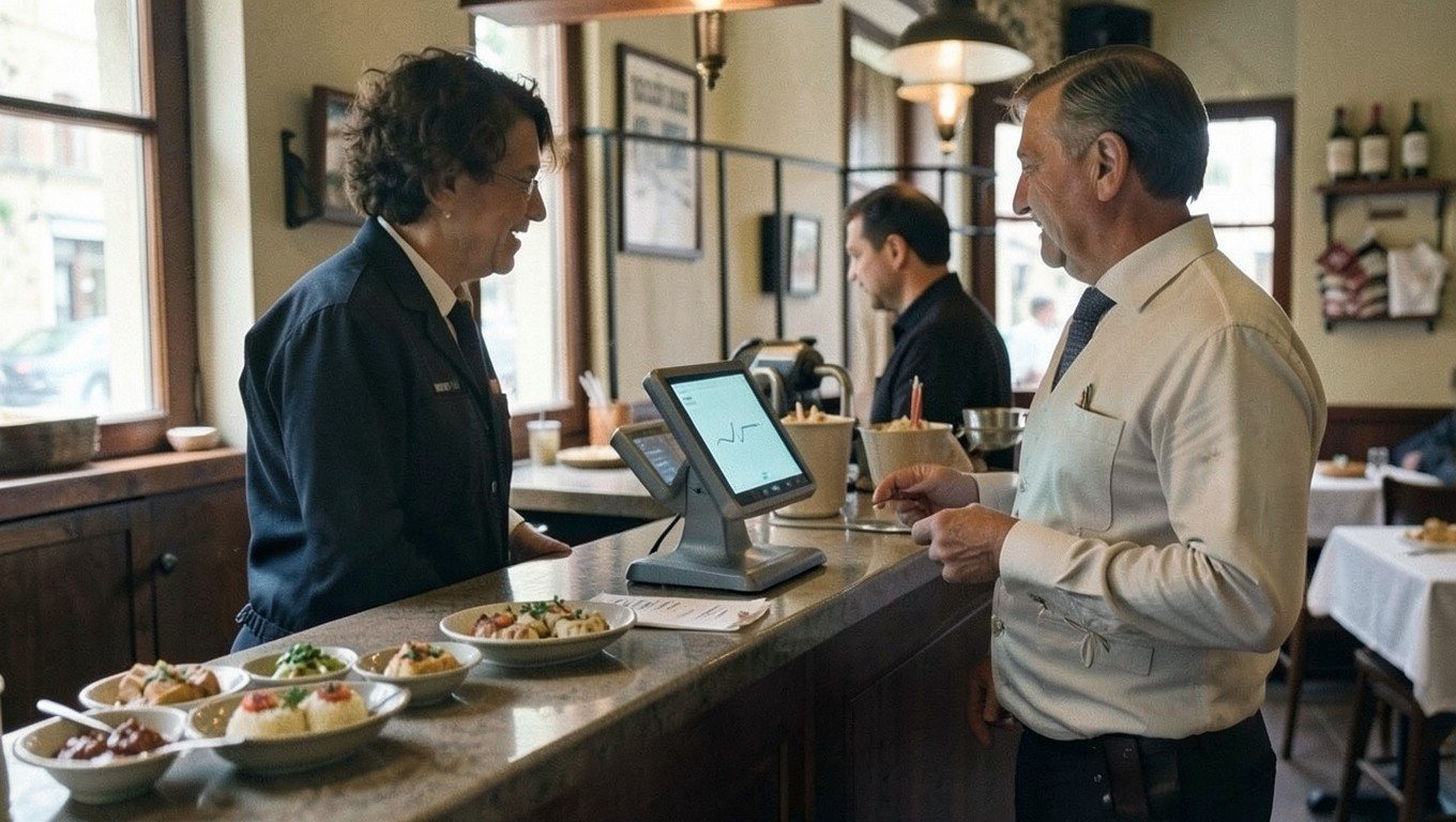 TPV para bar de tapas: barra con raciones y terminal junto a la caja