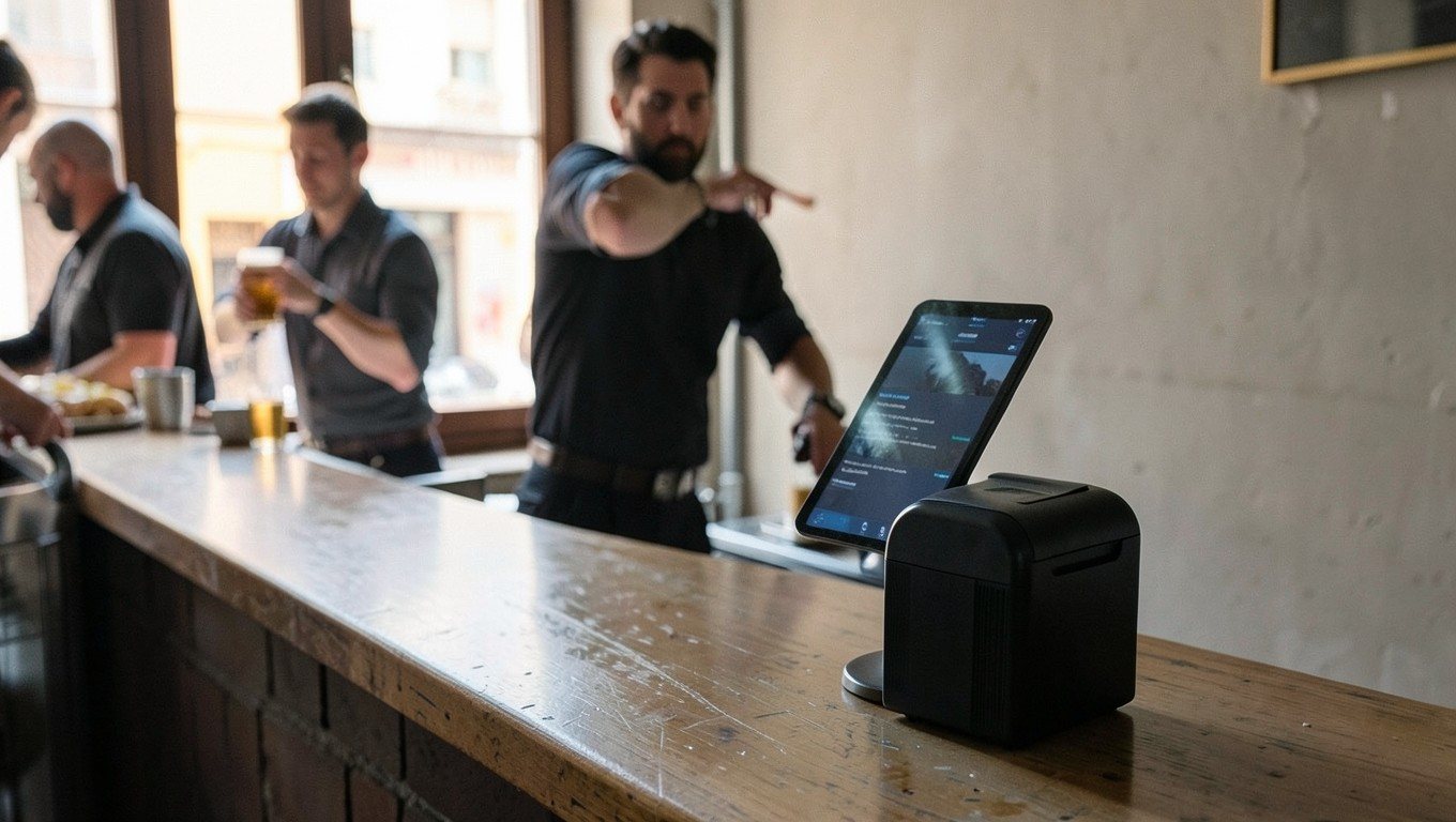 TPV para bar con impresora de tickets en la barra de un bar de barrio