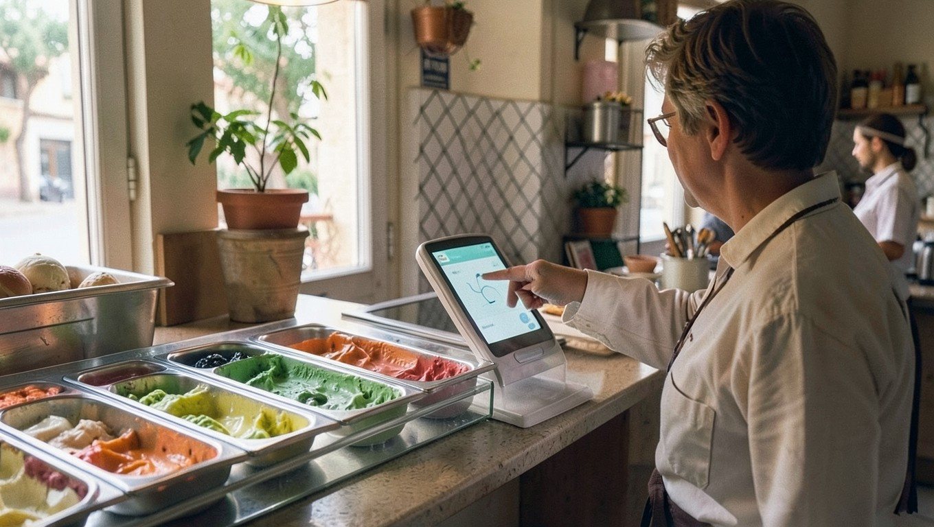 TPV para heladería: terminal táctil junto a la vitrina de helados