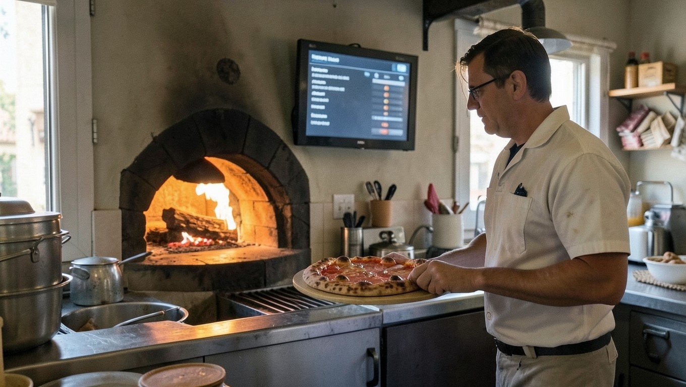 TPV para pizzería: pantalla de cocina junto al horno de leña