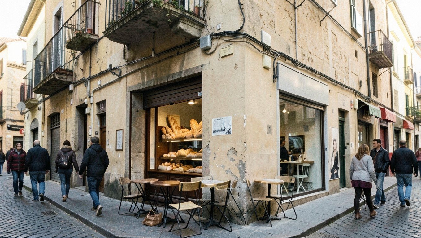 TPV por tipo de negocio: calle con panadería, cafetería y peluquería