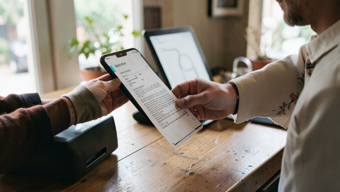 Verifactu 2027: comerciante entregando un ticket a un cliente junto al TPV del mostrador