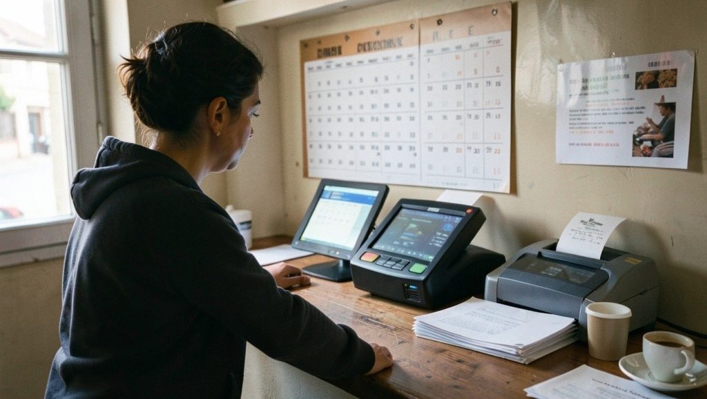Verifactu 2028: comerciante revisando el calendario de Verifactu junto al TPV de su tienda
