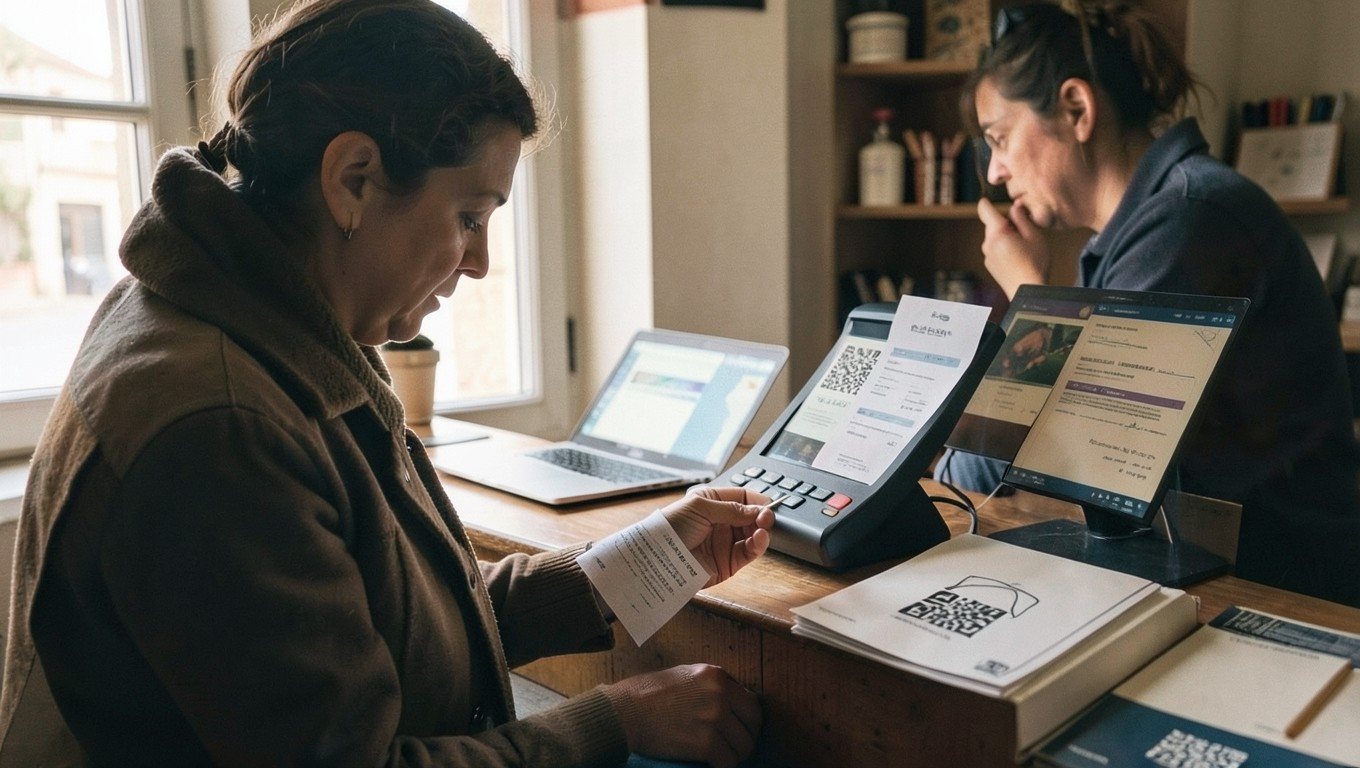 VeriFactu en el mostrador: ticket con código QR junto a un TPV táctil