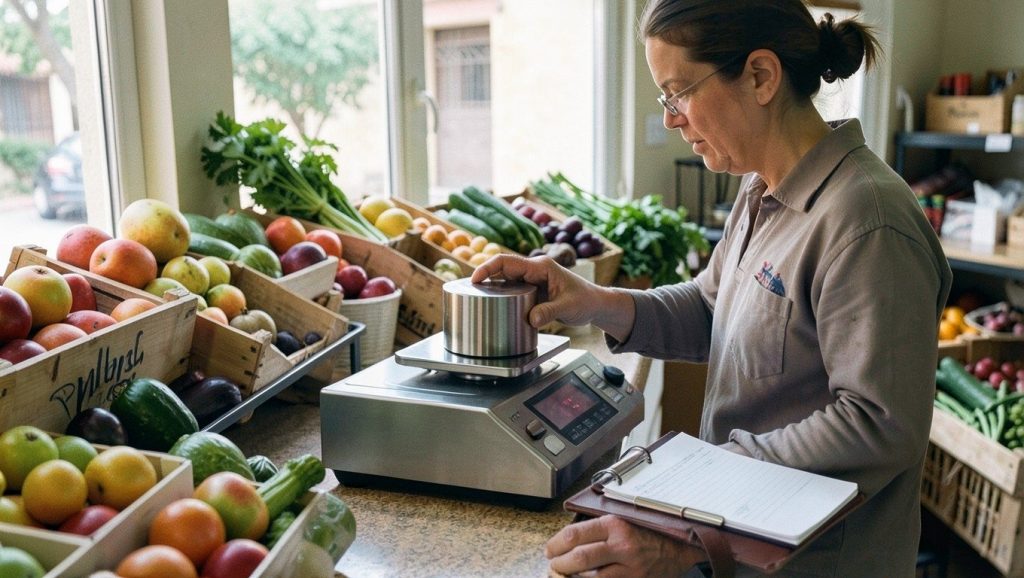 Verificación periódica de balanzas: técnico comprobando una balanza de frutería con una pesa patrón