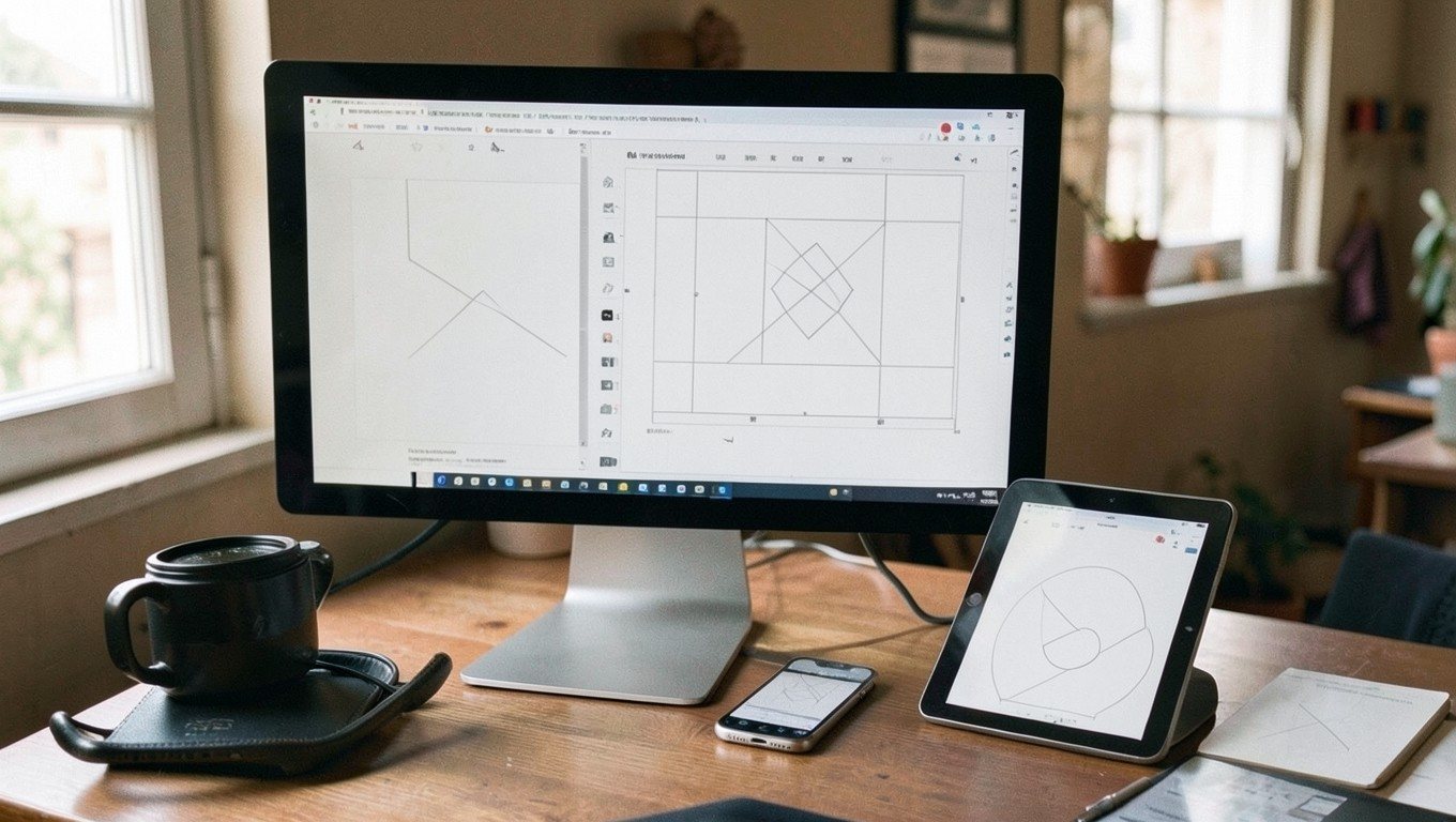 Diseño y desarrollo web: diseñador con el esquema de una web en pantalla, móvil y tableta al lado